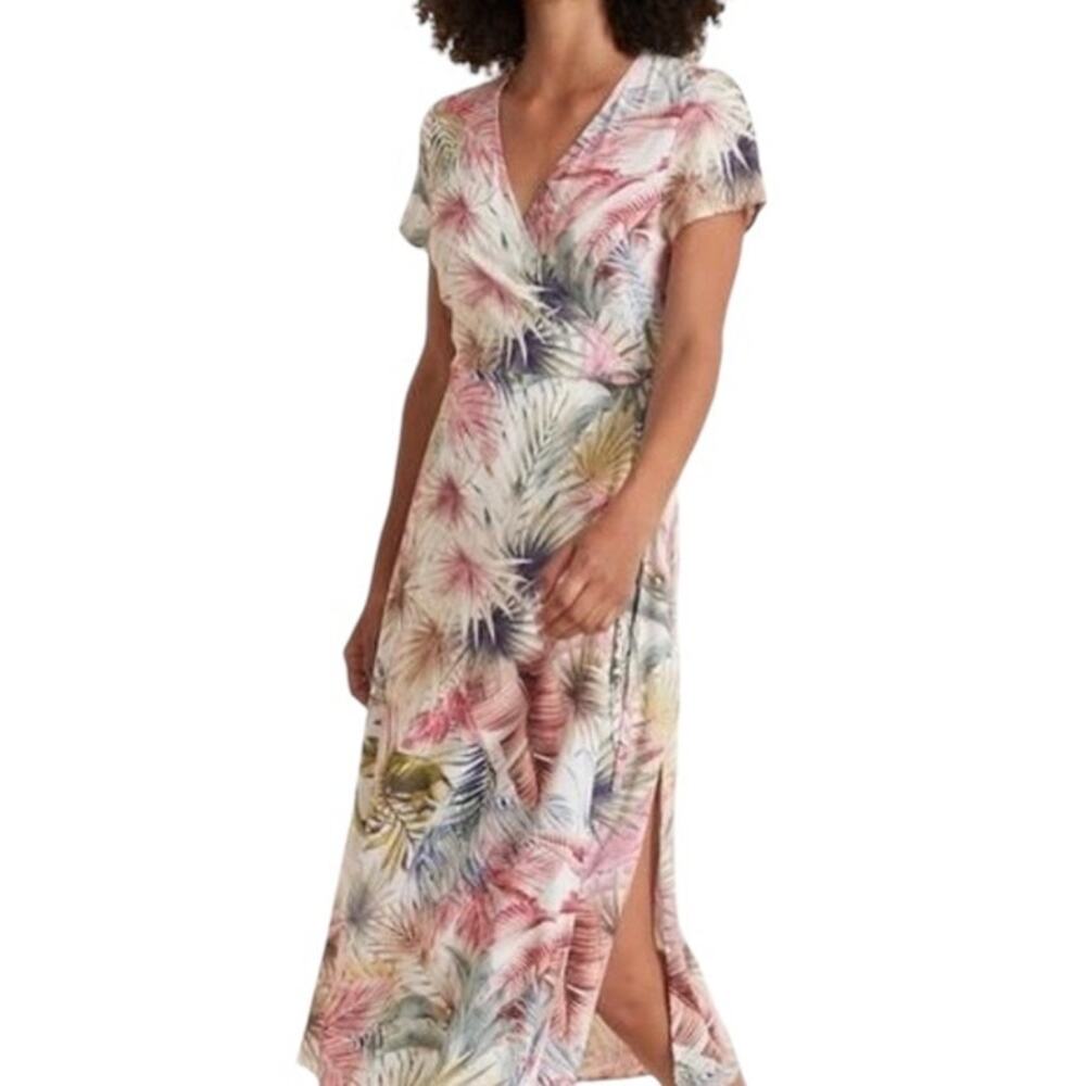 Marine Layer Ellen Wrap Dress Tropical Leaf XS Midi Maxi Long